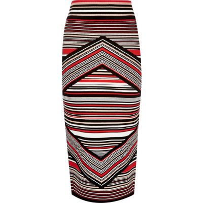 Red stripe knitted midi pencil skirt